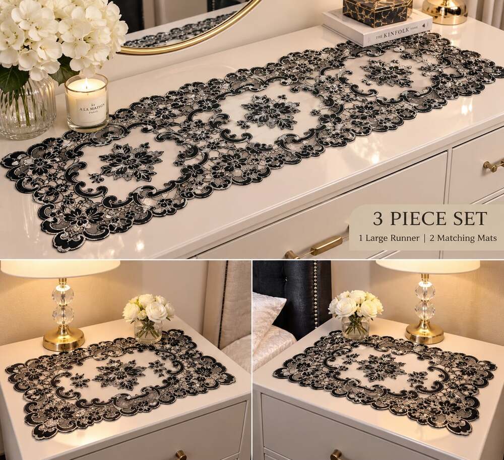 3 Piece Black and Silver Lace Table Runner and Matching Mats Set